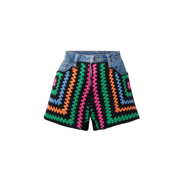 FARM Rio Pants - Farm Rio Crochet-Paneled Green Cotton Denim Shorts Size 25